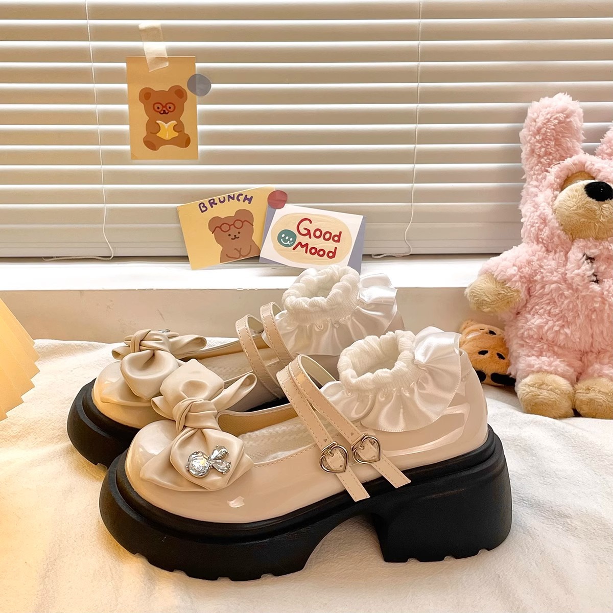 蝴蝶结小皮鞋女2023秋季新款复古甜酷日系jk厚底粗高跟玛丽珍单鞋