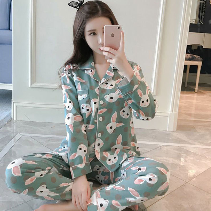 外贸睡衣女春秋季开衫长袖韩版清新绿兔休闲家居服套装可外穿