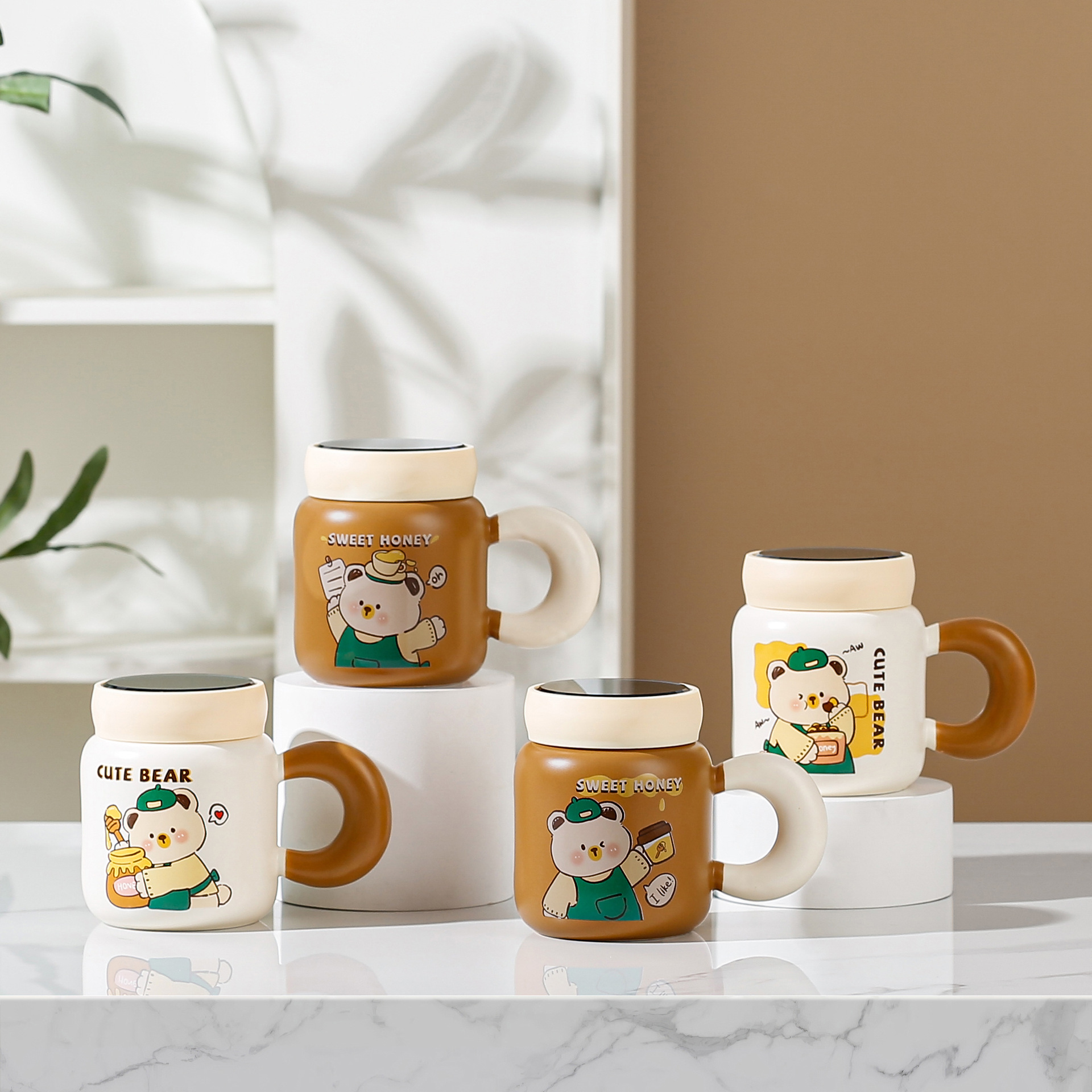 可爱小熊马克杯带镜面盖女生日礼物杯子伴手礼家用水杯情侣牛奶杯