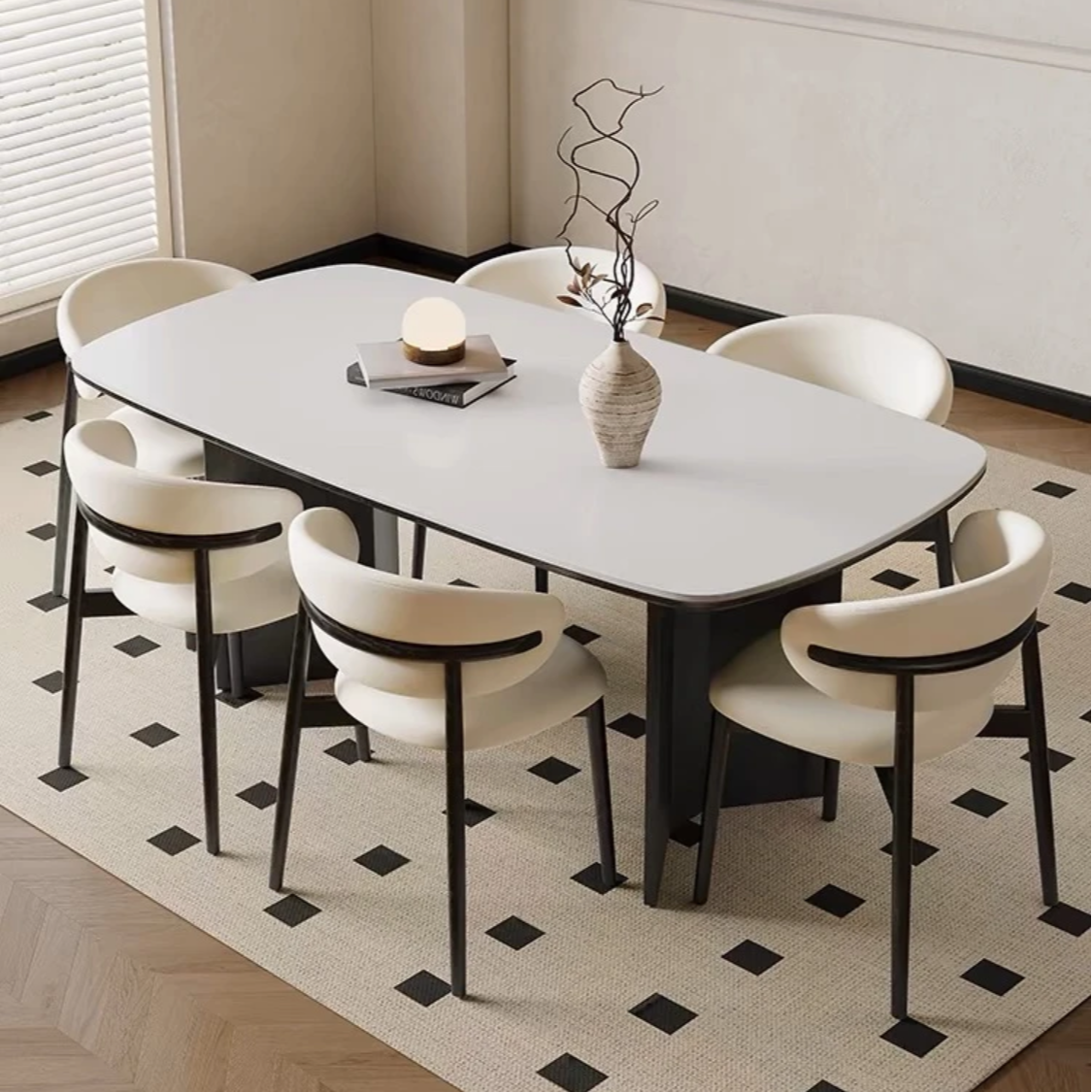 中式侘寂风实意式岩板餐桌家用餐椅实木弯板岩板餐桌家用吃饭桌