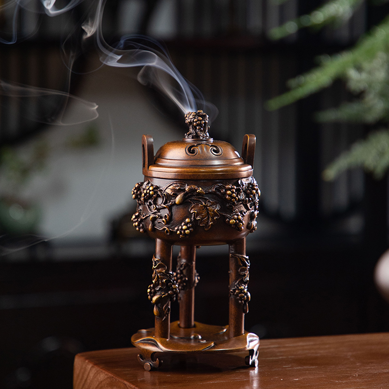 【臧风杰手工制】松鼠葡萄藤铜香炉 三足香炉家用香薰炉 桌面香炉