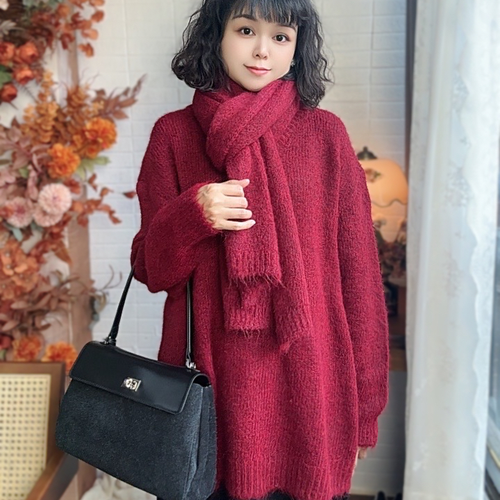 法式V领毛衣女秋冬加厚红色新款宽松时尚百搭洋气显瘦设计感6018