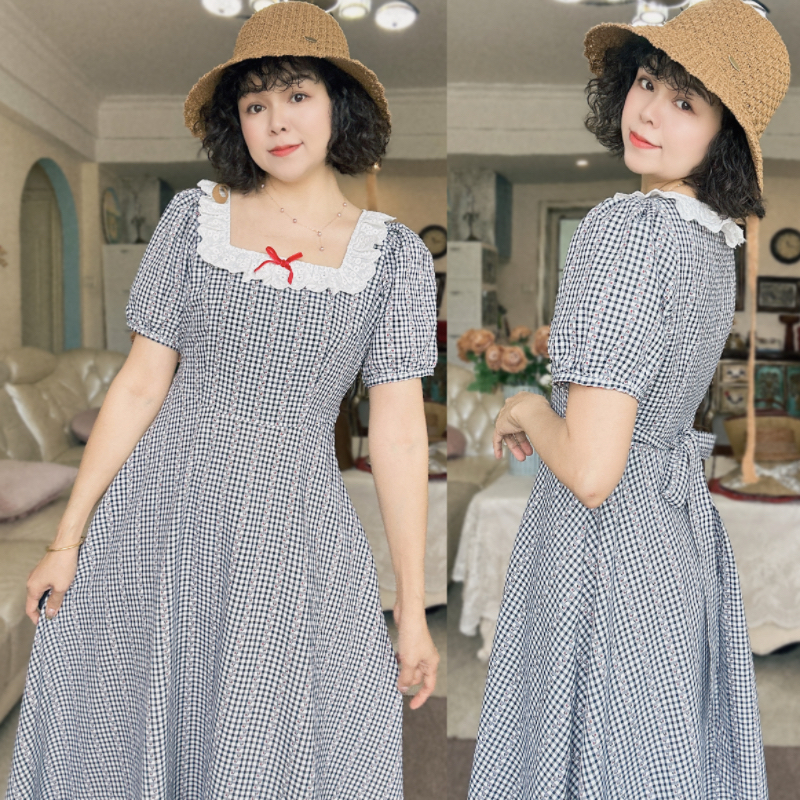 （南法女孩）法式复古收腰显瘦大裙摆女装连衣裙遮肚小清新气质时尚