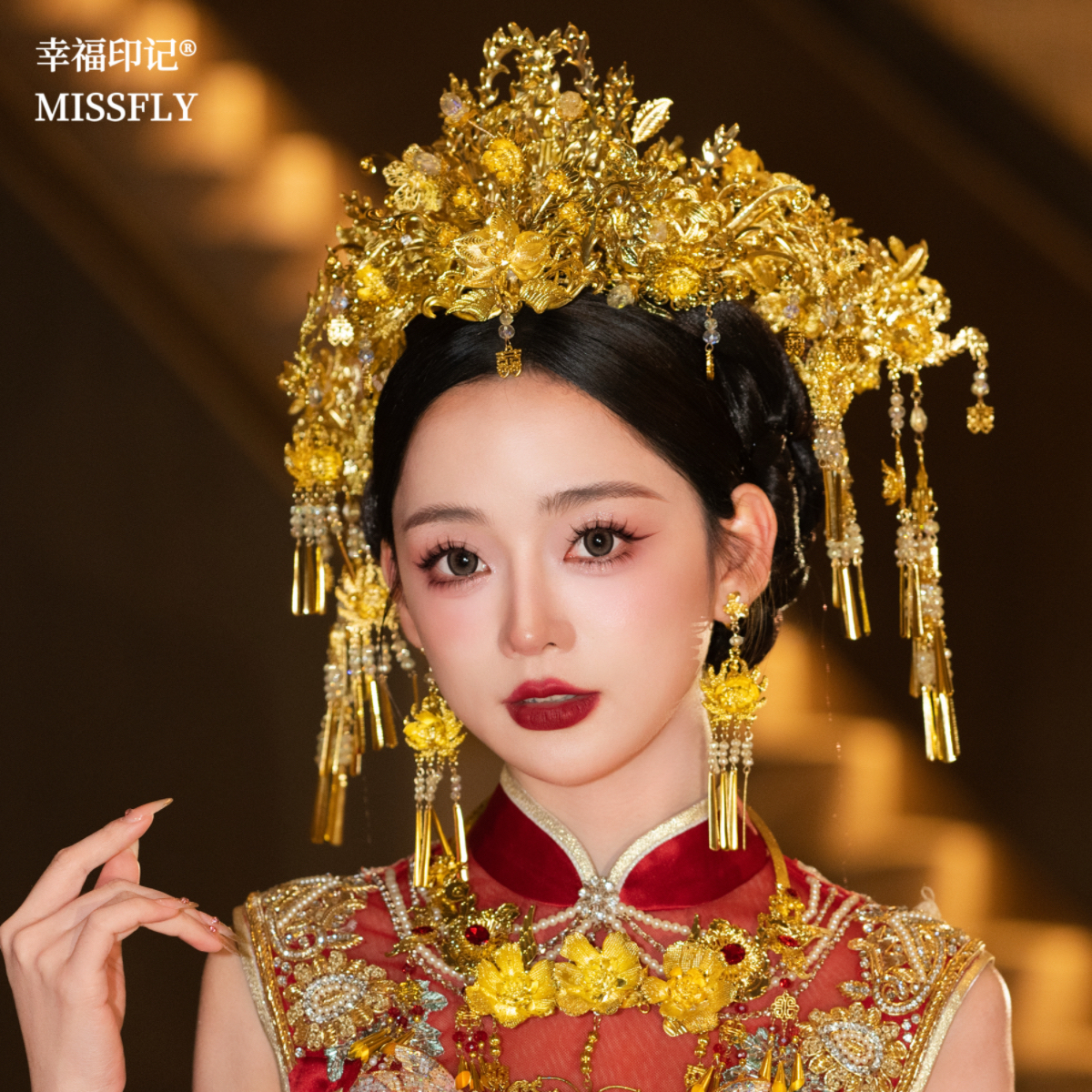 金色中式新娘秀禾服头饰古风汉服龙凤褂结婚礼服凤冠霞帔婚礼发饰