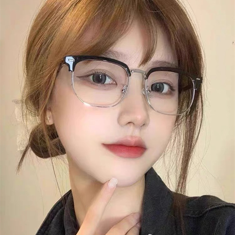 显白斯文时尚半框近视眼镜女可配度数大脸高级感素颜神器显脸小男