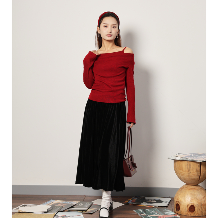 西町村屋法式长款丝绒摆裙女装秋冬新款文艺简约半身裙XH9D10530