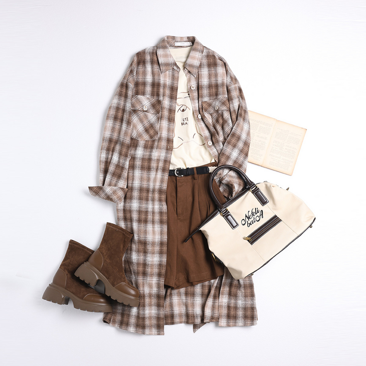 【首次PO价】西町村屋格纹长款外套女休闲宽松收腰上衣XH9C10104