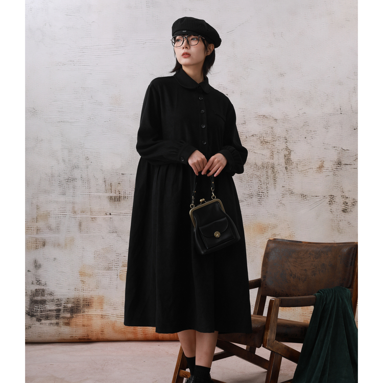 西町村屋复古娃娃领长袖连衣裙女秋季新款休闲文艺裙子XH9C10239