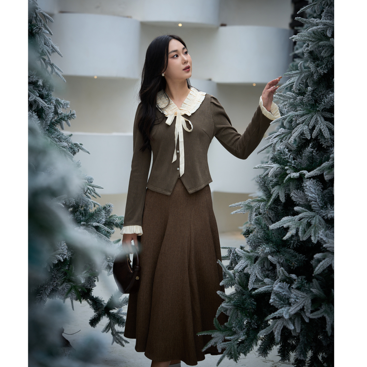 西町村屋荷叶边系带拼接小衫女装秋冬新款法式短款衬衣XH9D10142