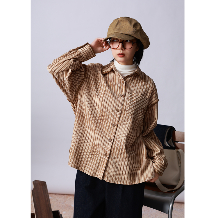 西町村屋复古条纹长袖衬衣女秋冬新款休闲文艺百搭衬衫XH9D10240