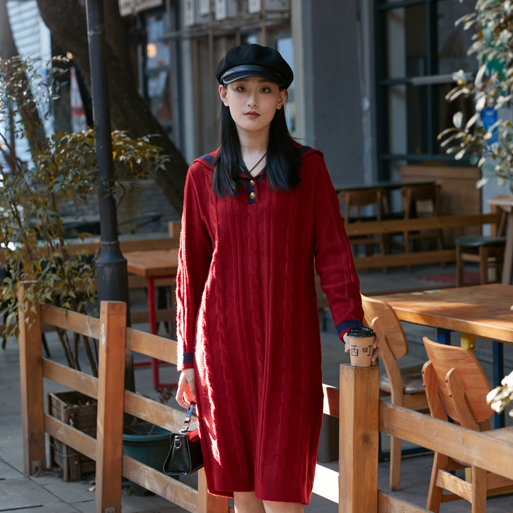 【首次PO价】西町村屋连衣裙女学院风撞色OP纽花针织长裙AD8501001