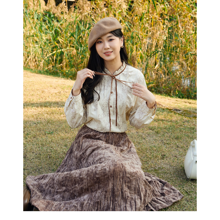 西町村屋法式印花长袖衬衫女秋冬新款气质系带百搭衬衣XH9D10243