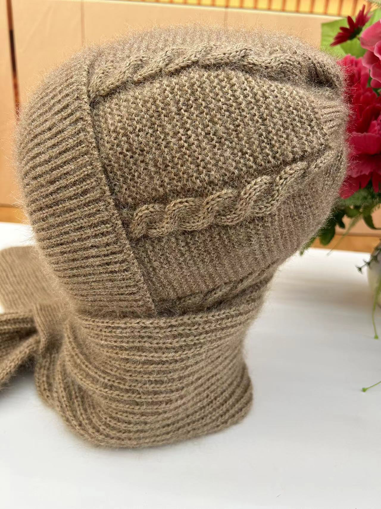 细线麻花加绒加厚男女同款围巾一体帽7-90岁可戴