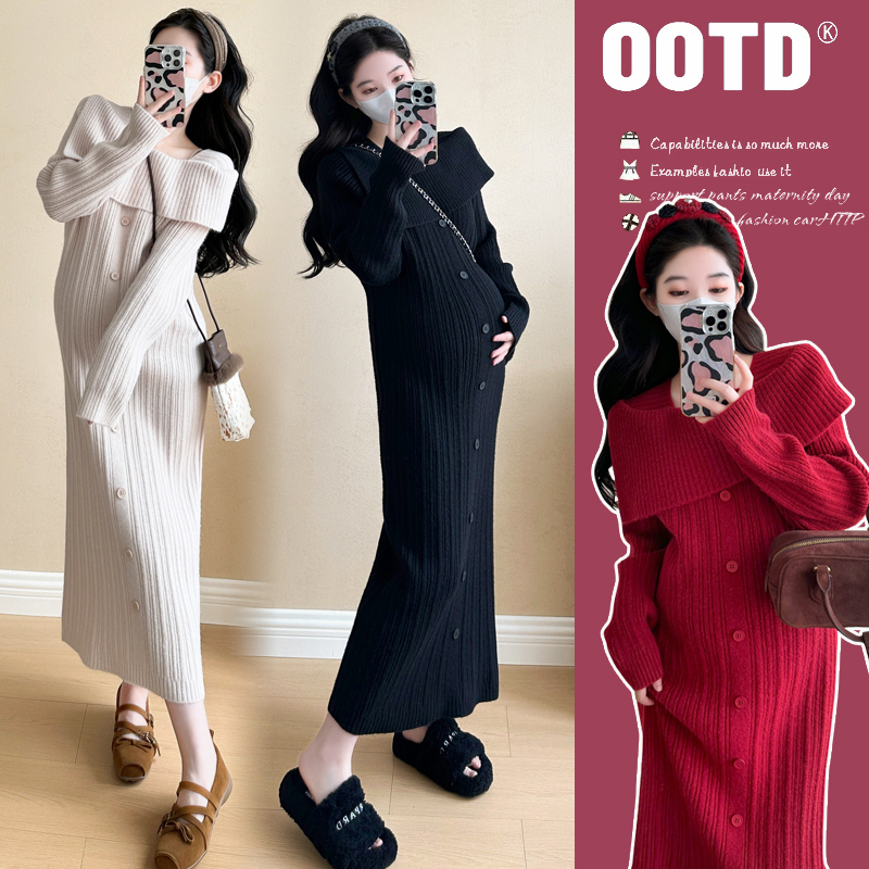 2024孕妇加厚时尚新款温柔慵懒风设计感一字领针织毛衣连衣裙