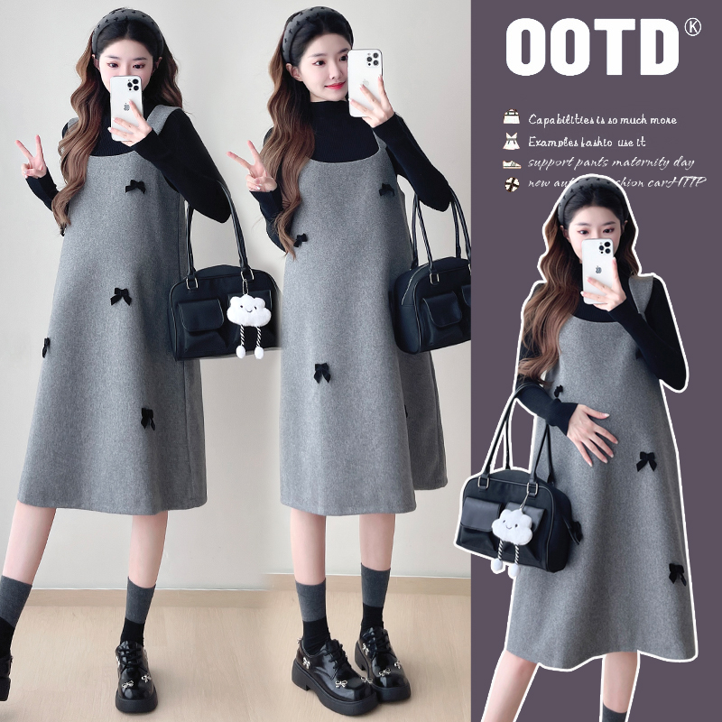 孕妇2025秋冬季新款韩版显瘦甜美蝴蝶结减龄A版孕妇连衣裙+毛衣