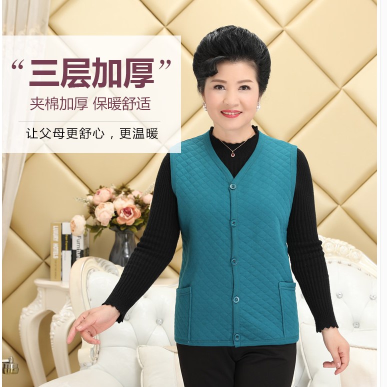 中老年女士棉夹棉马甲冬季大码老人开口宽肩保暖背心系扣开襟坎肩