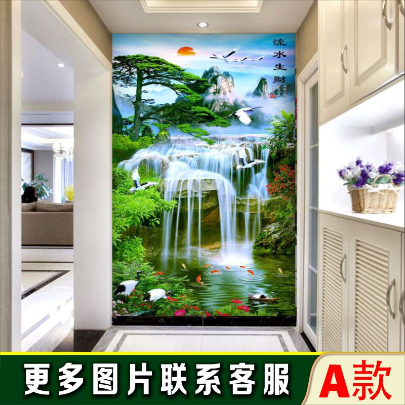 流水生财入户玄关壁画山水风景大自然瀑布墙纸走廊过道进门墙壁纸