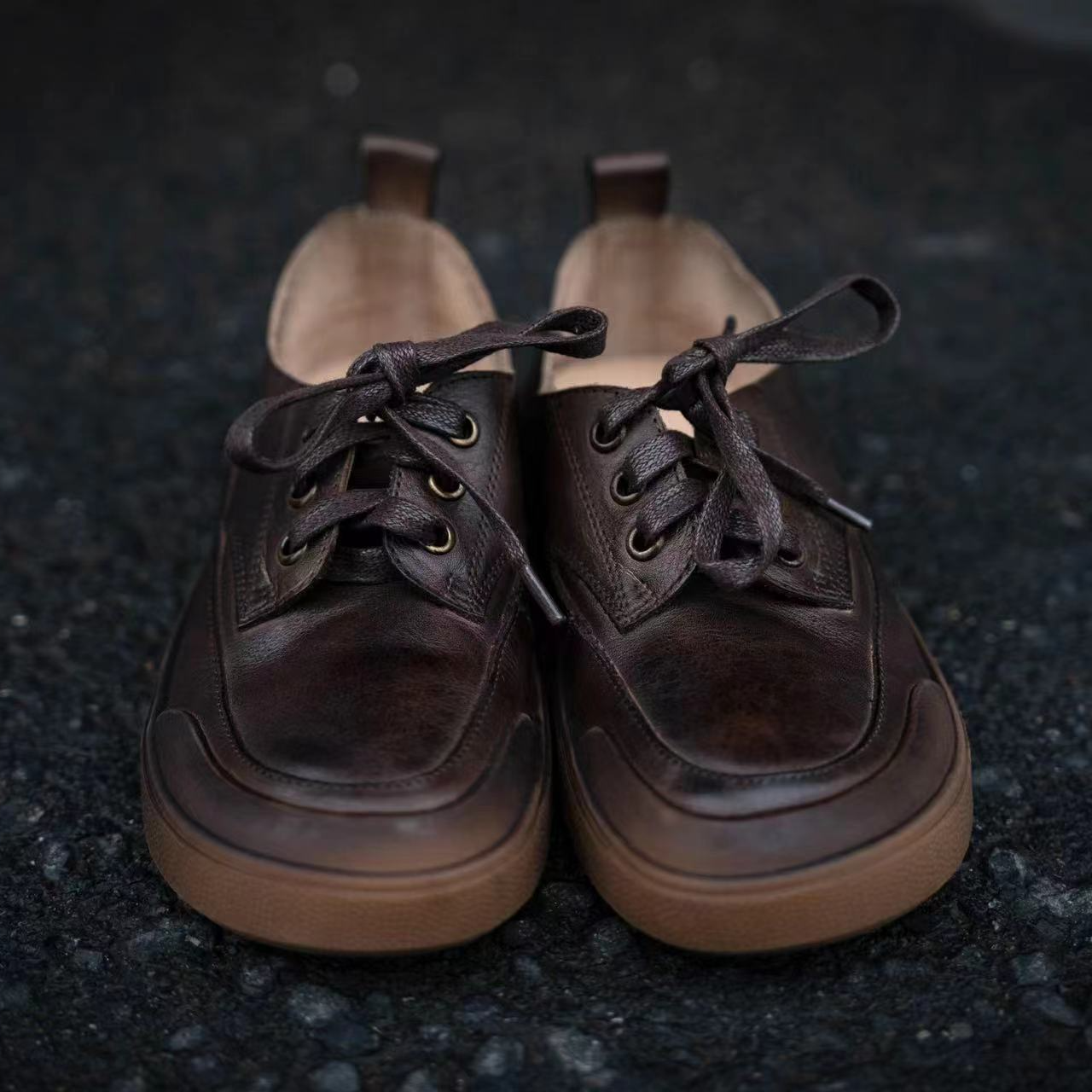 木木分享（疯子张）931-36复古百搭低帮头层牛皮手工茶色单鞋