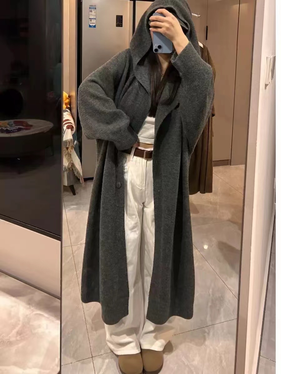 连帽长款百搭针织开衫外套