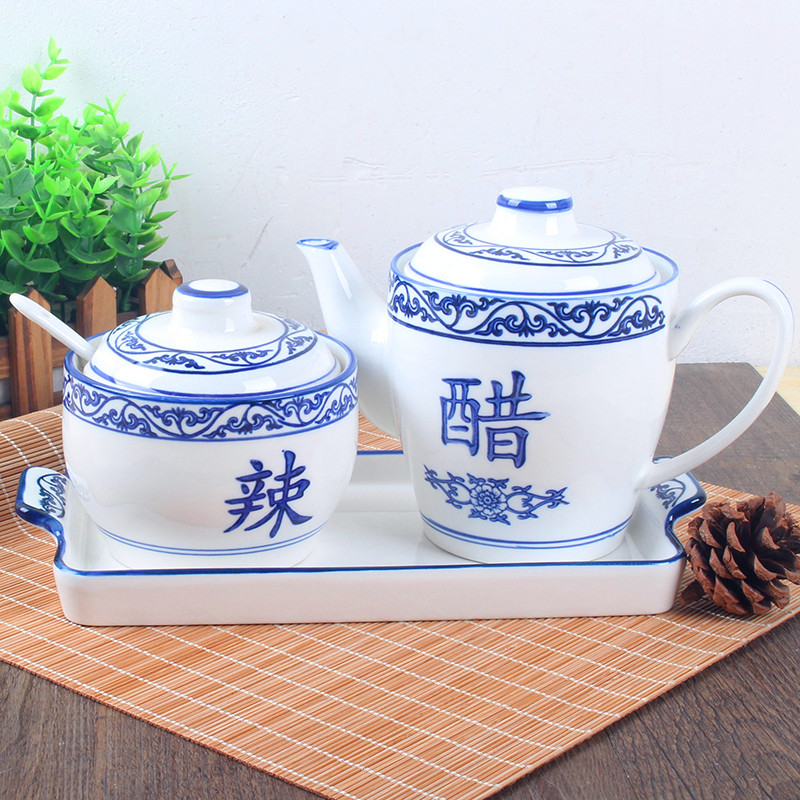 厨房青花瓷调味罐陶瓷辣椒缸酱罐酱油醋壶调料罐酒店家用调料瓶罐