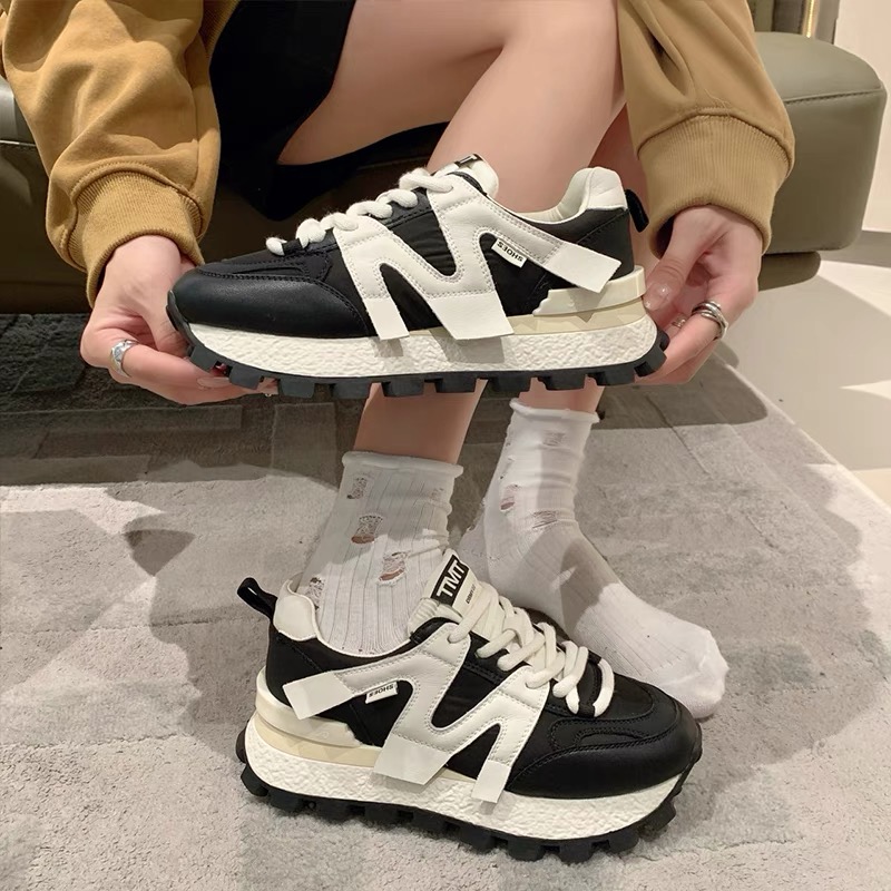 5286阿甘鞋女2023新款拼色系带百搭软底华夫鞋运动休闲单鞋老爹鞋