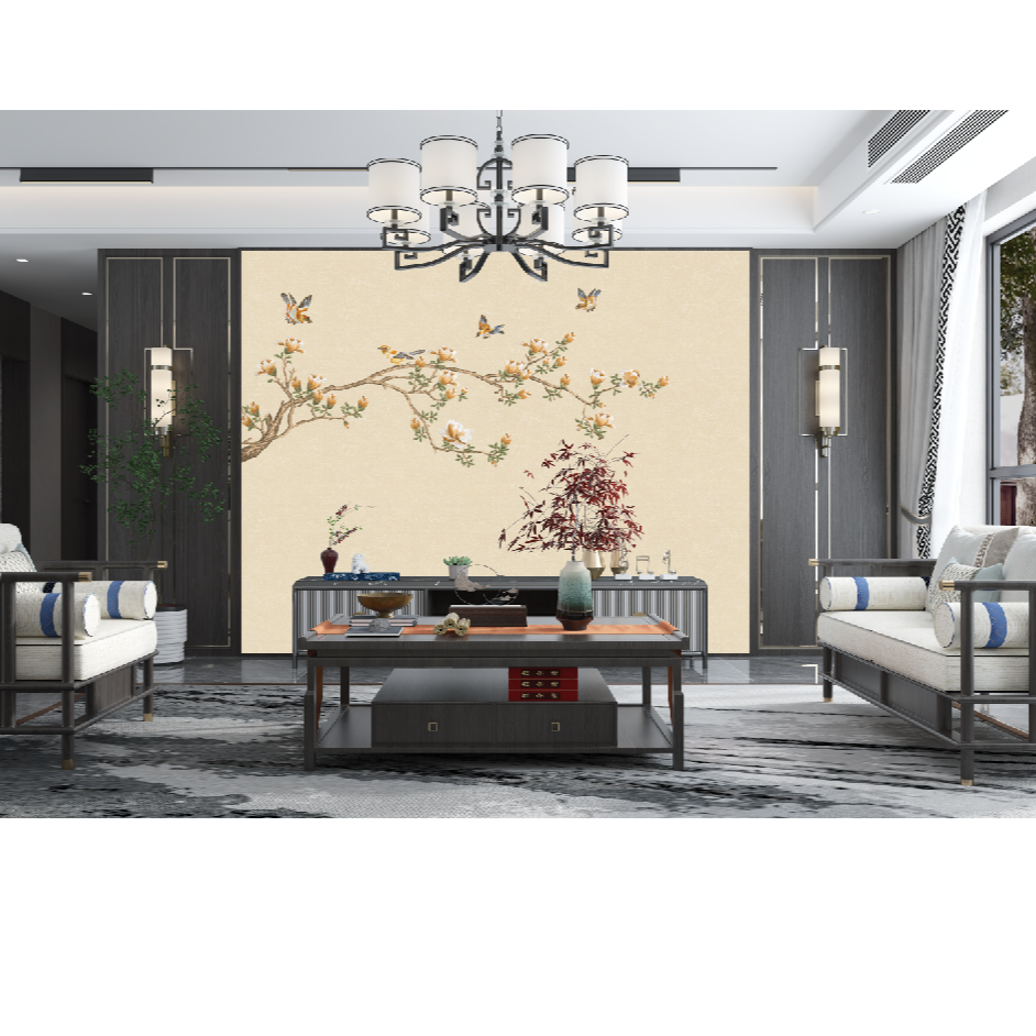 湘绣/xiangxiu独绣新中式花鸟鹊返鸾回刺绣背景墙壁布卧室装饰