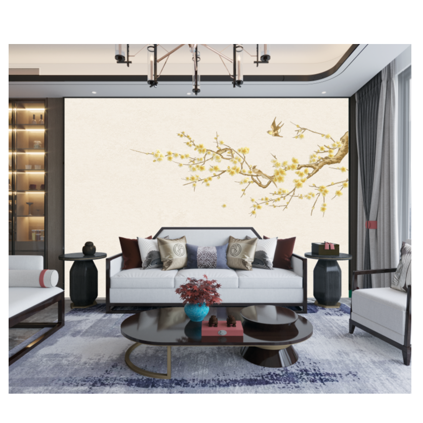 湘绣/xiangxiu刺绣新中式沙发电视卧室梅花黄花独绣背景墙布