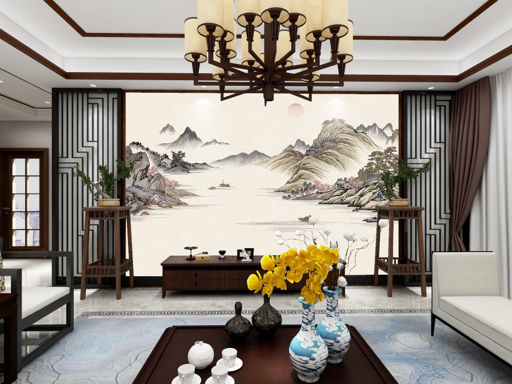 独绣十里山河高端定制山水沙发电视背景墙刺绣壁布大气客厅壁画