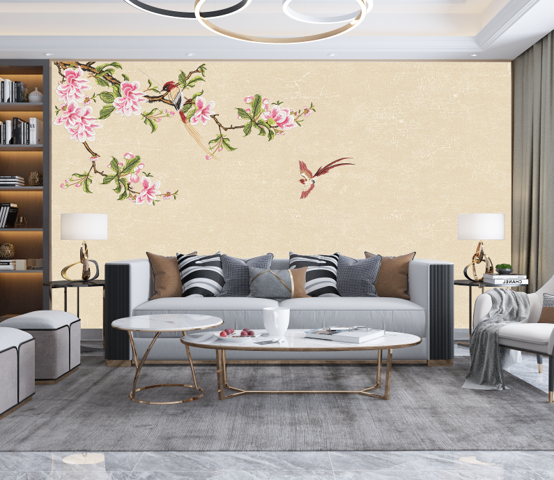 湘绣/xiangxiu独绣四季平安花鸟图电视沙发床背景墙刺绣壁布