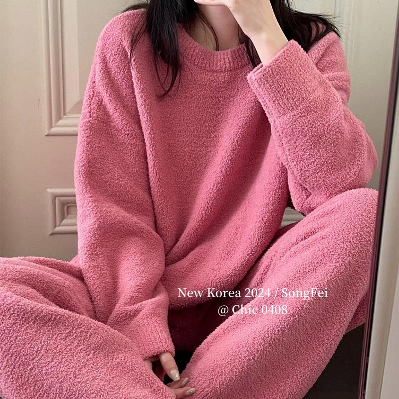 纯色软绵绵加绒加厚睡衣长袖套装女秋冬宽松珊瑚绒可外穿家居服冬