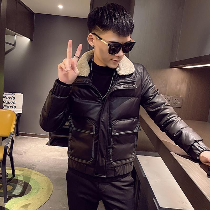 小伙潮流轻薄修身型PU皮羽绒服2023新款男士短款外套痞帅气