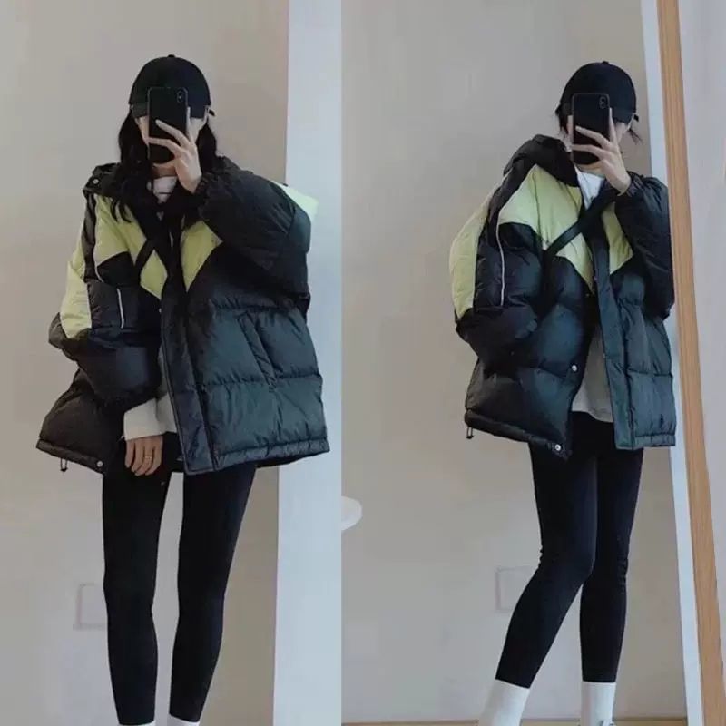 2023冬季白鸭绒羽绒服女ins港风原宿宽松显瘦设计感拼接撞色外套