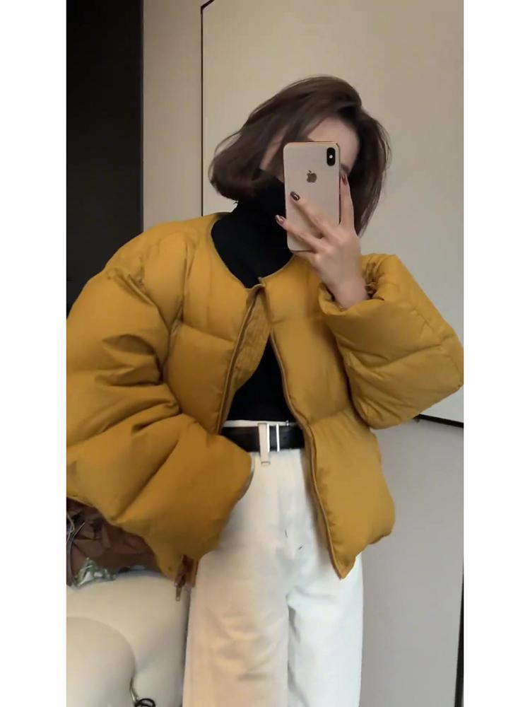 冬季新款高级感超好看小个子韩系姜黄色短款加厚面包绒棉服外套女