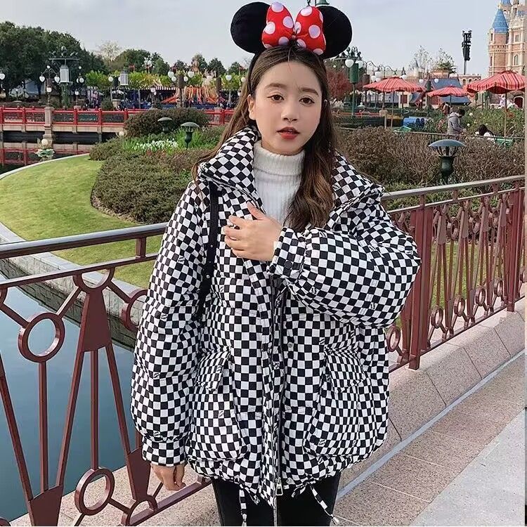 棋盘格羽绒棉服女短款2023冬季韩版宽松学生棉衣格子棉袄新款外套