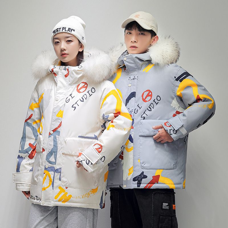 新款情侣羽绒服男2023冬季潮牌短款大毛领涂鸦帅气学生白鸭绒外套