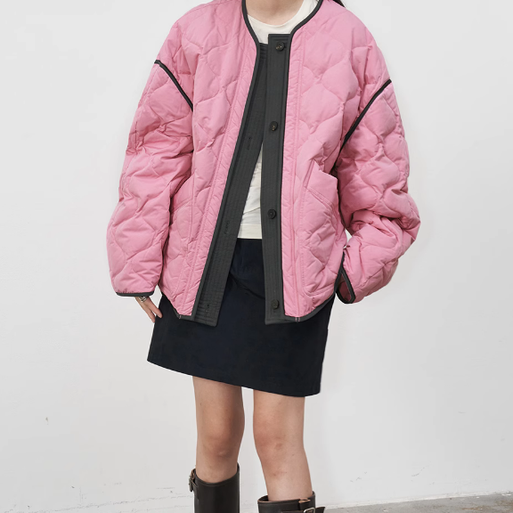23新品 撞色拼接葫芦绗缝 假两件慵懒圆领羽绒服