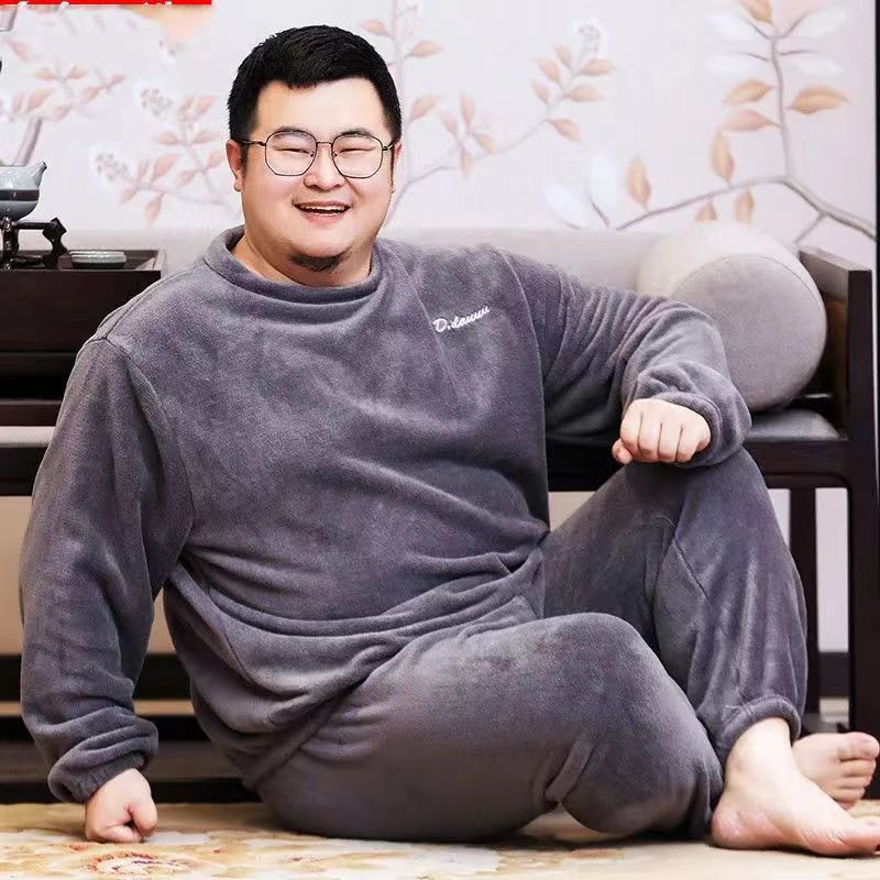 男士加肥加大睡衣秋冬款法兰绒暖暖套装加厚珊瑚绒加绒胖子家居服
