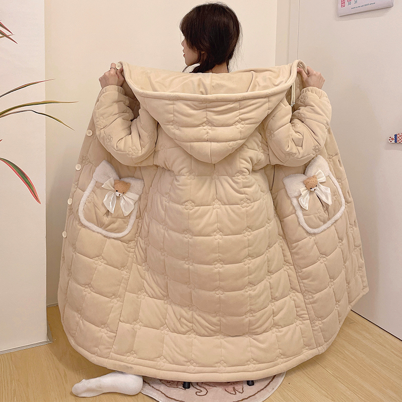 三层夹棉加厚加绒睡袍可外穿宽松冬季睡衣女士珊瑚绒家居服 9009