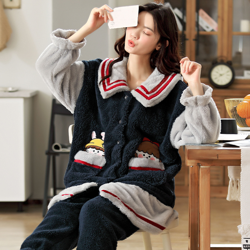 秋冬季法兰绒睡衣女士加厚加绒珊瑚绒可外穿宽松家居服套装 2116