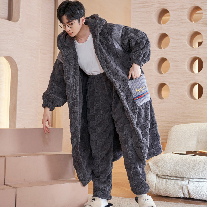 法兰绒睡袍男士秋冬季珊瑚绒睡衣男加厚宽松保暖家居服套装 1213