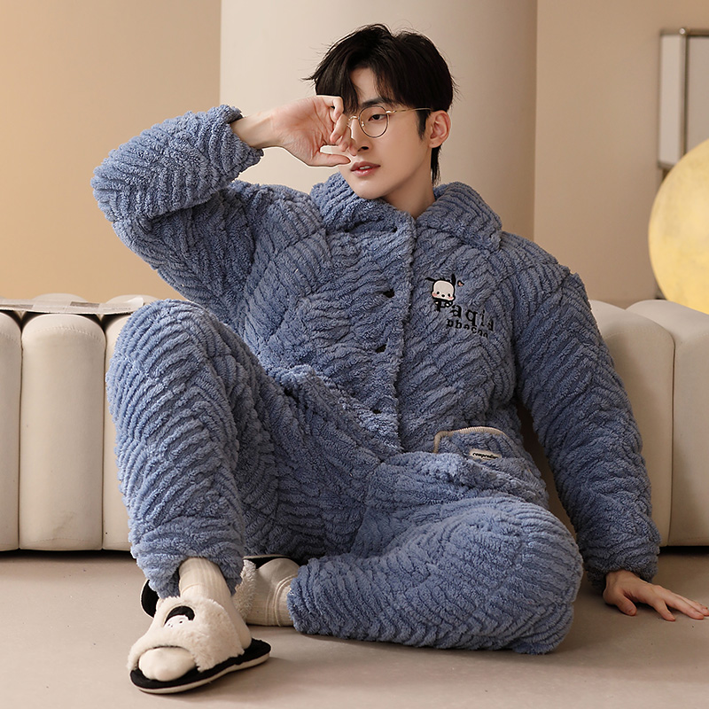 三层夹棉加厚加绒男士睡衣法兰绒冬季开衫珊瑚绒家居服套装 7826