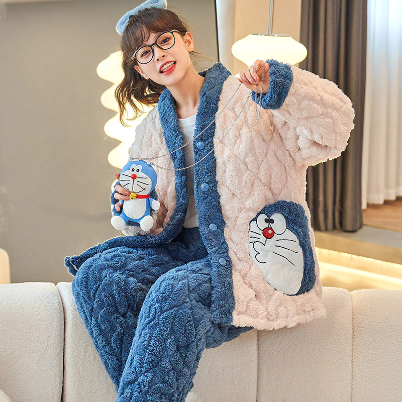 三层加厚夹棉冬季睡衣女士法兰绒甜美珊瑚绒连帽家居服套装 8914