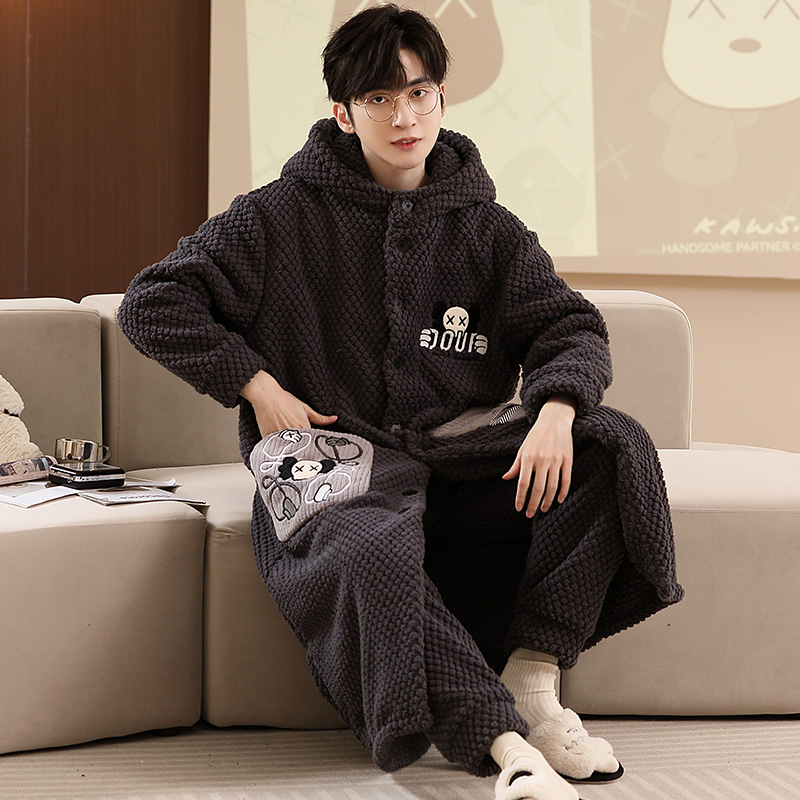 男士珊瑚绒睡袍连帽保暖秋冬季法兰绒睡衣男宽松家居服套装 1242