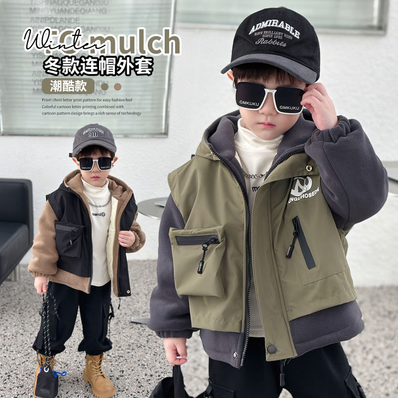 男童冲锋衣外套时髦儿童夹棉假两件上衣新款酷帅男宝宝加绒风衣潮