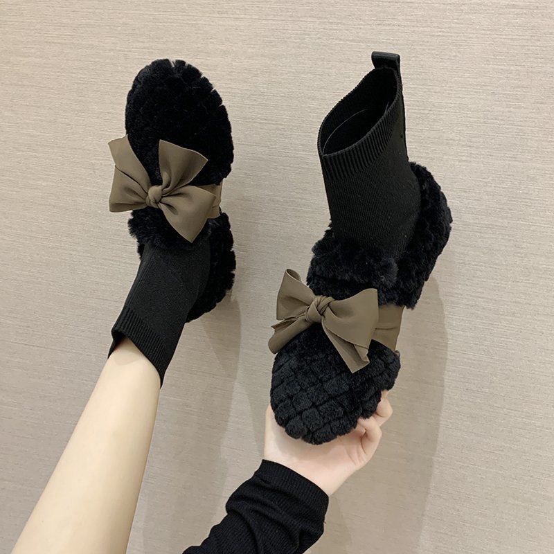 网红蝴蝶结羊羔毛毛鞋女冬外穿2023新款百搭平底棉鞋加绒豆豆鞋女