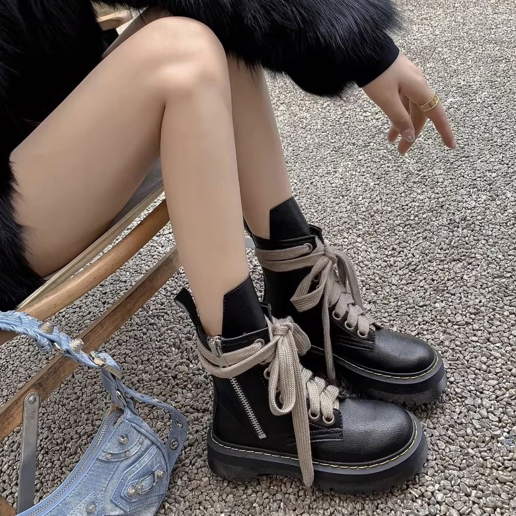 厚底马丁靴女英伦风2023新款薄款小个子增高中筒机车靴绑带短靴潮