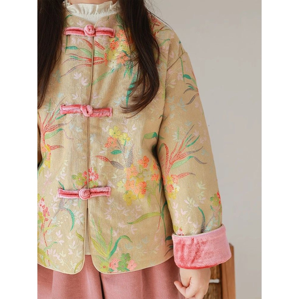 女童新中式绣花唐装夹棉外套2023新款公主风旗袍短款汉服加绒裤子