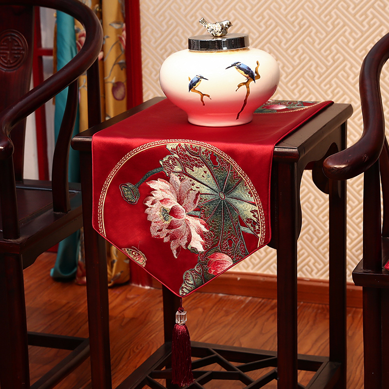 【夏雨荷】桌旗新中式禅意茶几茶台桌布茶旗结婚红色床旗轻奢