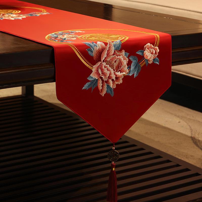 【花想容】桌旗新中式刺绣禅意中国风茶台红色旗布桌布茶旗结婚