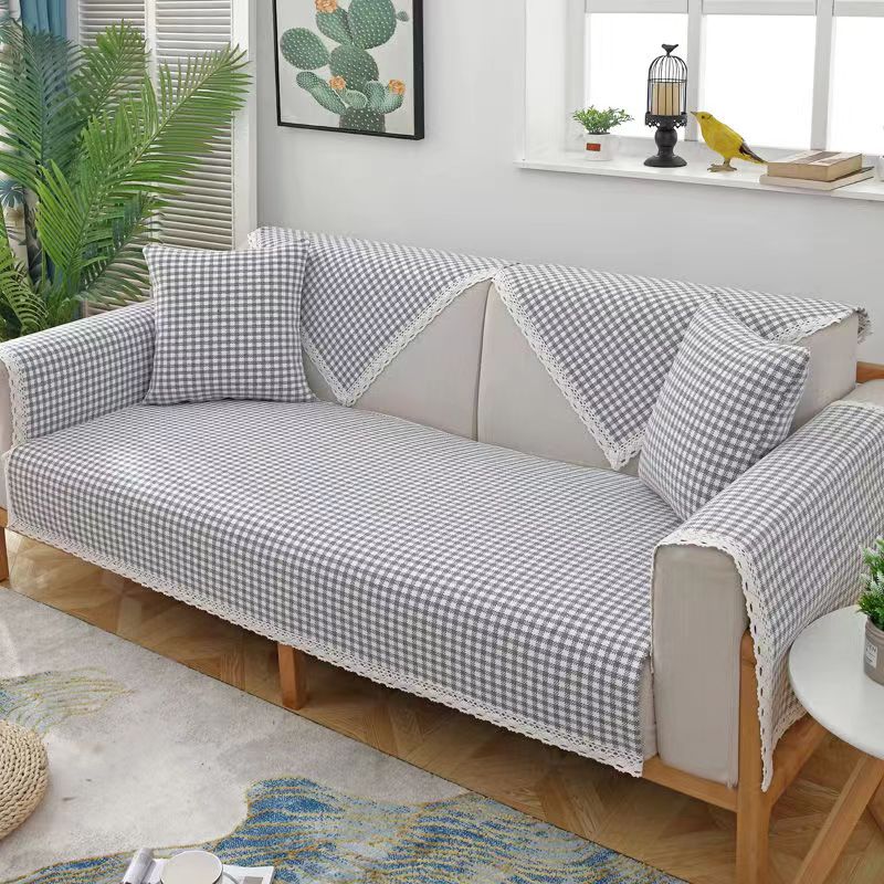 老粗布【沙发巾单条装】<小灰格>90X90cm<±5cm>  加厚 简约 透气